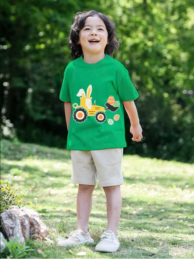 Детски Великденски Риза, Зелени Тениски За по-Малките Момчета, Лятна Тениска с Трактора и Къс ръкав, Отгоре с Яйца на