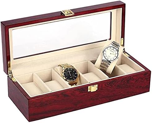 DLOETT 6 Слотове Дървена Кутия за Часовници, Витрина, Органайзер За Съхранение на Бижута, Подарък Кутия за съхранение