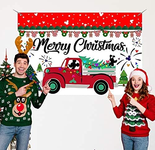 Весел Коледен фон Весел Малка Коледна елха и Червен камион за Коледна украса С Мента Коледни фонове, за Снимки Коледен празник