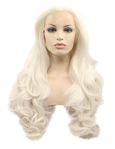 morvally 24с Дълги Вълнообразни 60 # Platinum Blond Бесклеевой Перука Дантела Отпред Свободна Част от Естествени Директни Топлоустойчива изкуствена Коса, Перуки