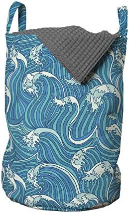 Чанта за дрехи Ambesonne Sea, Фигура в стил Непрекъснато Пенистых Линии, Кошница за дрехи с дръжки, Закрывающаяся на шнур, за пране, 13 x 19, цвят Слонова кост с цвят на Морска