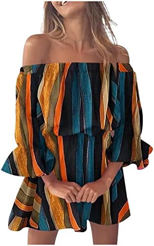 Женствена Рокля Amikadom с Расклешенным ръкав и отворени рамене от Ликра, Празничен Брънч с Цветен Модел, Сексуална Богемное