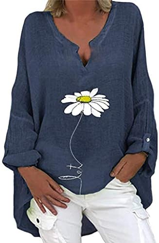 MtsDJSKF Дамски Блузи с дълъг ръкав, Бельо, Ризи, Памучни Блуза с V-образно деколте, Графична Тениска Удобна Лека Лятна Туника, Висок Най-Нисък