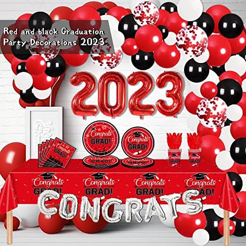 Червени и черни Декорация за абитуриентски 2023 - 266 БР Еднократна трапезария съдове (24 порции), за да проверите за