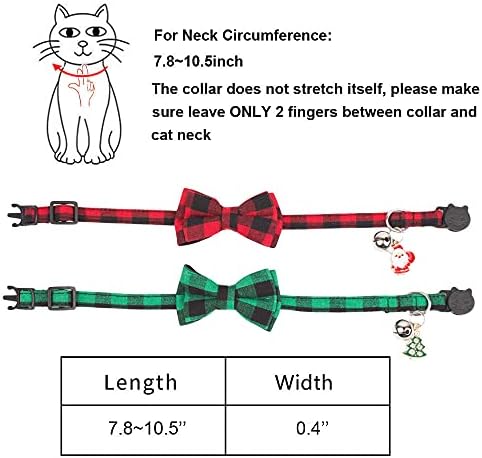 Коледни яки котки Breakaway с хубав бантиком-камбана - 2 опаковки, нашийник за коте, Червено-Зелен Кариран нашийник за котки с подвижни пеперуда, Коледен нашийник за котк