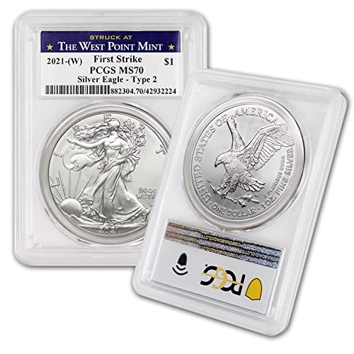 2021 (W) на Монетата американски сребърен орел MS-70 тегло 1 унция (тип 2 - на Първия удар - сечени в монетния двор на Уест-Пойнта) от Coinfolio за 1 долар MS70 бр.