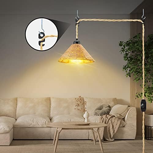 KEWANNO Plug Окачен лампа, Окачена лампа в стил Бохо с регулируема яркост на лампата и прекъсвач, 15 фута Пеньковой Въже