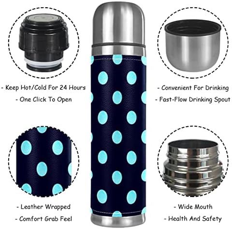 Термос от Неръждаема Стомана с вакуумна изолация в Синьо-черен Грах, 16 унции, Множество Запечатани Бутилка за вода, без BPA с покритие, запазва топлината или студа