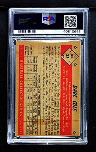1953 Bowman B & W 38 Дейв Коул Бостън/Милуоки Брейвз (Бейзболна картичка) PSA PSA 5.00 Брейвз