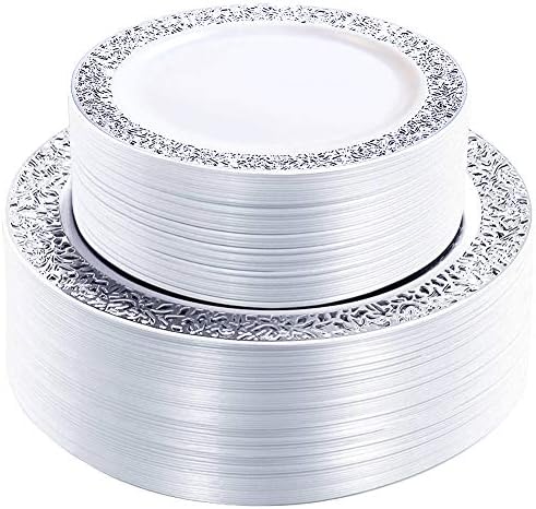 WDF 102 БР. Сребърни Пластмасови чинии-чинии за Еднократна употреба от Сребро ръб - Чинии със Завързана дизайн, включително