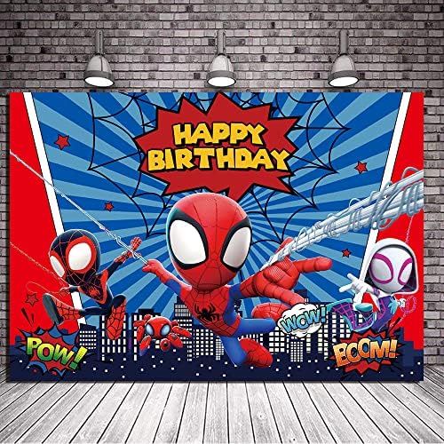 7x5ft Cartoony Червено-Синьо Райе Супергерой, Градски Пейзажи, Фотофон за Деца, Тематичен Декор за Парти в чест на рождения