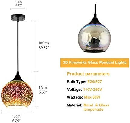 JEUNEU Комплект от 3 модерни стъклени висящи осветителни тела, цветни 3D лампа-фойерверки, подходяща за острова, хол,