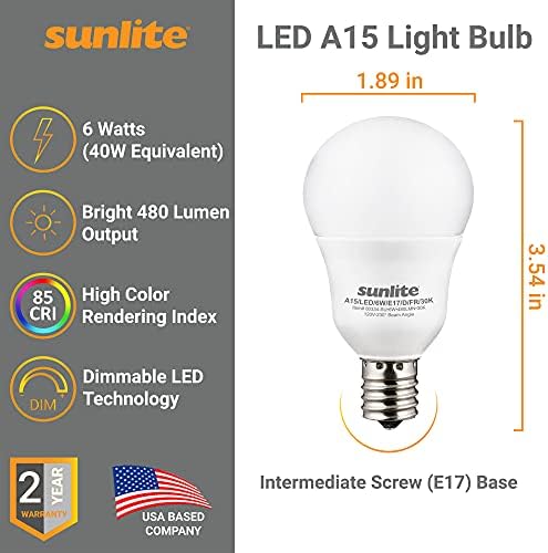 Крушка Sunlite 41409-СУ LED A15, 6 W (еквивалент на 40 Вата), Мидълуер основа (E17), 480 Лумена, с регулируема яркост,