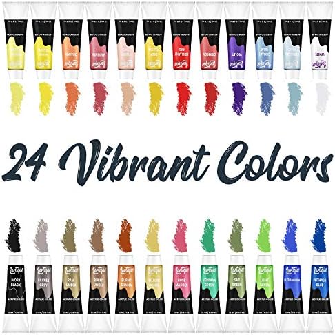 Комплект акрилни бои Lartique за художници, така и за начинаещи - 24 Туби Акрилни бои, 3 Четки и Пластмасова Палитра