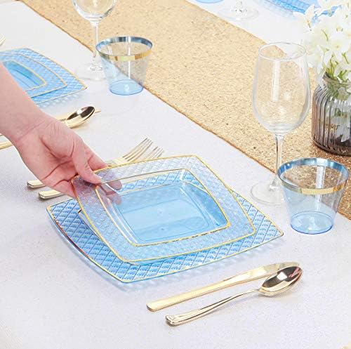 Nervure 150ШТ Сини Пластмасови чинии - Сини и златни чинии за Еднократна употреба Включва 25 места за хранене чинии 9,5